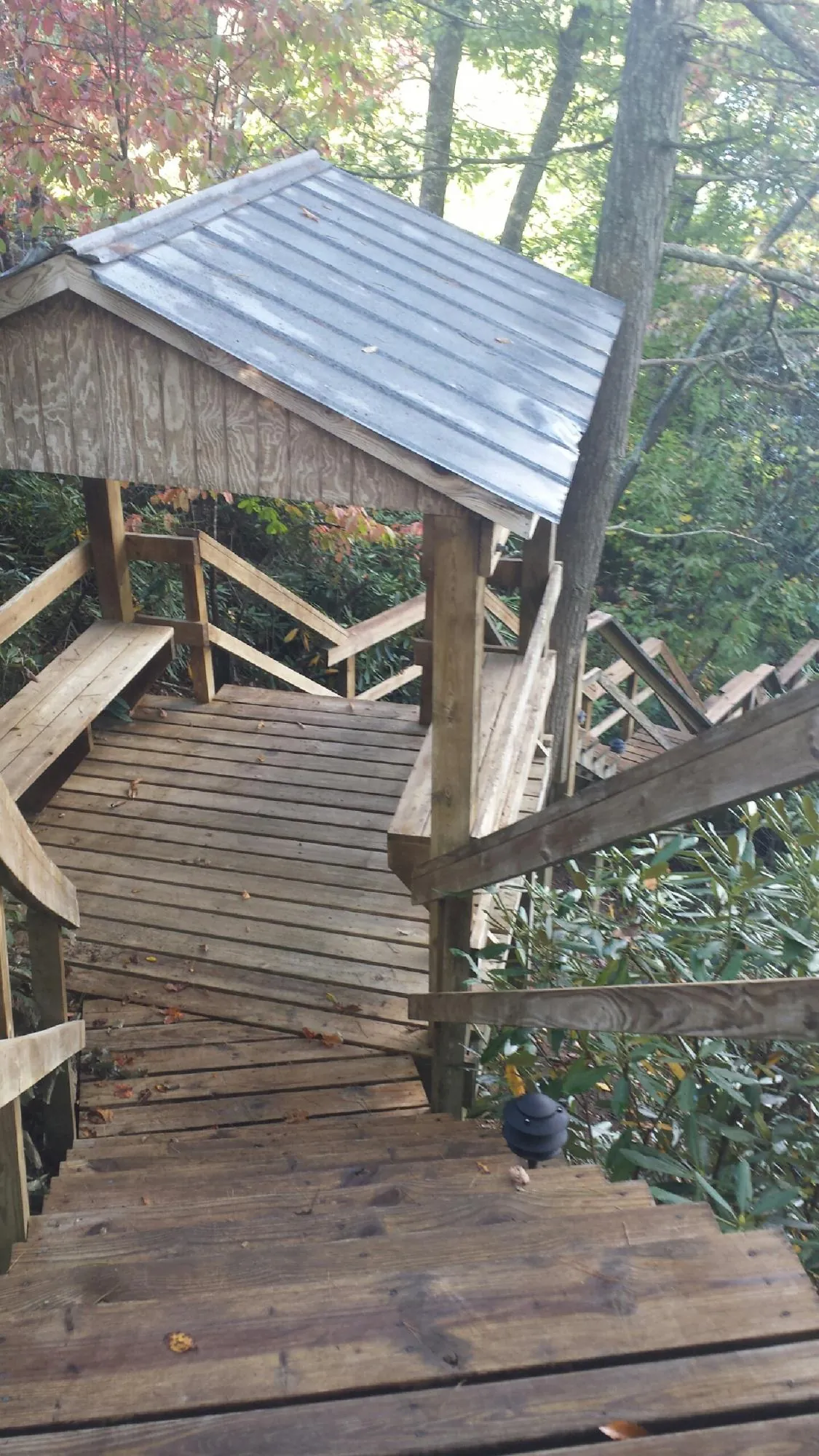 Metal roofed shelter over wooden steps on a wooded walkway — Skylight Repair & Installation work by our crew in Bassett